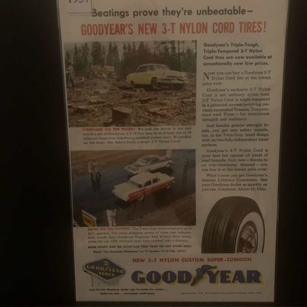 Vintage 1957 Goodyear New 3-T Nylon Cord Tires Ad Advertisement
